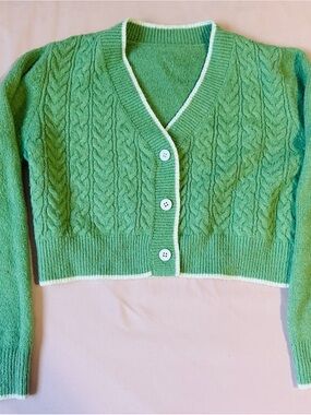 Green Cable-Knit Cropped Cardigan Sweater